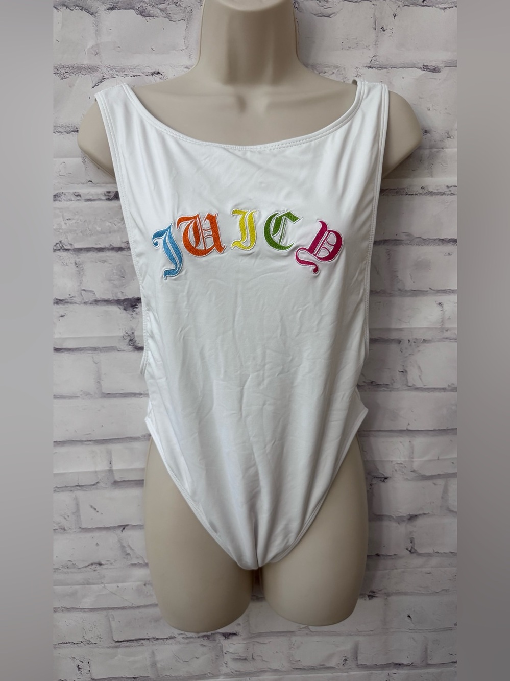 Juicy Couture Black Label Size Large White One Piece Swimsuit Logo Sexy High Cut